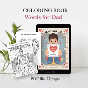 Palabras para papá - Libro para colorear del Día del Padre para niños - 27 páginas con letras de EE. UU. - Regalo para niños - PDF imprimible