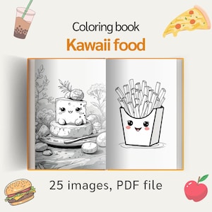 Kawaii Food Coloring Pages PDF - 25 Cute and Fun Kawaii Food Illustrations for Kids and Adults | Digital Download Printable Coloring Book
