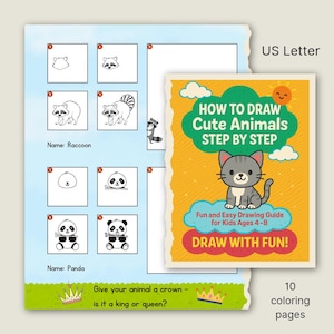 How to Draw Cute Animals for Kids Step-by-Step Drawing Book | Printable Art Activity | US Letter PDF | 12 Pages