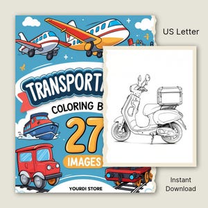 Páginas para colorir sobre transporte | Carta dos EUA com 28 páginas | Livro de colorir sobre veículos para crianças e adultos | Carros, caminhões, trens, aviões | PDF para impressão
