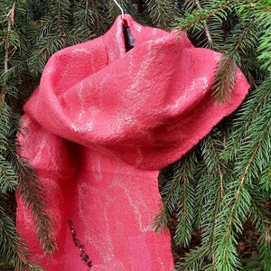 Handmade Pink Felted Scarf: Merino Wool, Silk & Beaded Embroidery
