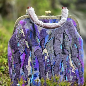 Handmade Felted Wool Embroidered Bag: Nordic Landscape Art Tote