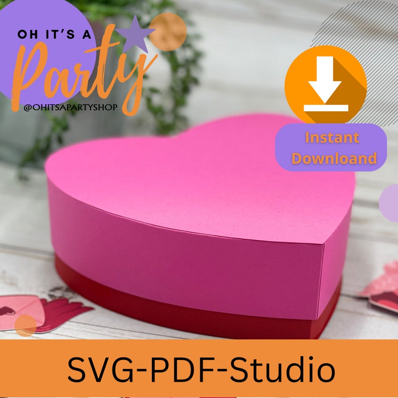 Pode incluir: Uma caixa em forma de cora&ccedil;&atilde;o rosa e vermelha com uma tampa. A caixa &eacute; feita de papel e tem um acabamento liso. O texto "OH IT'S A Party" &eacute; vis&iacute;vel no canto superior esquerdo da imagem. O texto "SVG-PDF-Studio" &eacute; vis&iacute;vel no centro inferior da imagem.