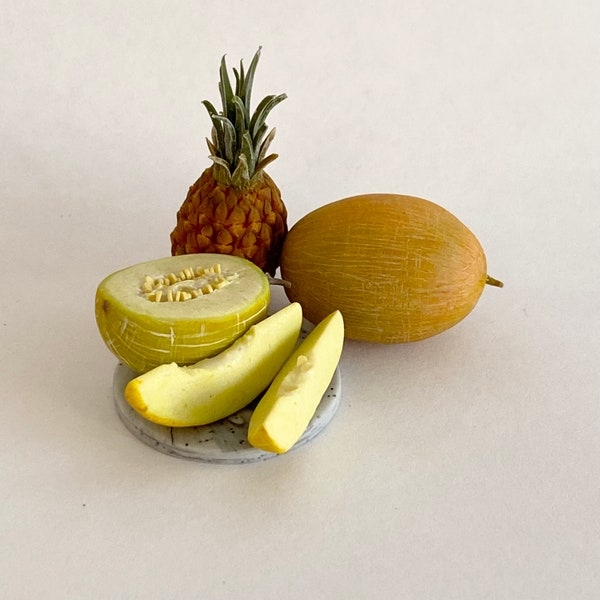 Set of melon and pineapple 1:12 scale,  Dollhouse, Diorama, miniature, dollhouse furniture, tiny food, roombox