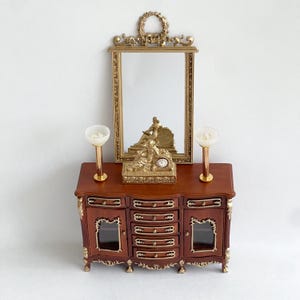 Set of a sideboard with mirror and items 1:12 scale,  Dollhouse, Diorama, miniature, dollhouse furniture, tiny furniture, roombox