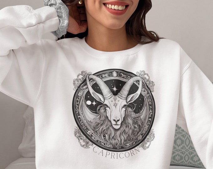 CAPRICORN Sweatshirt Astrology Gift Unisex Capricorn Clothing | Zodiac Sweatshirt with Original Capricorn Design and Constellation on Sleeve