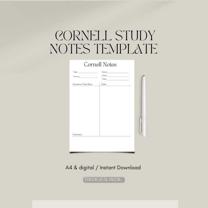 Cornell Study Notes Template Printable and Digital Etsy