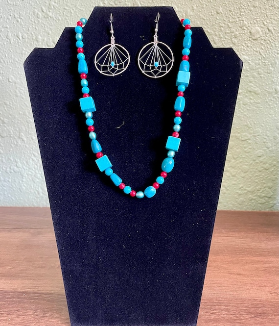 Vintage Blue and Red Necklace and Earrings