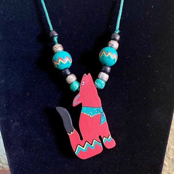 Vintage Handmade Wood Coyote Necklace with Beads