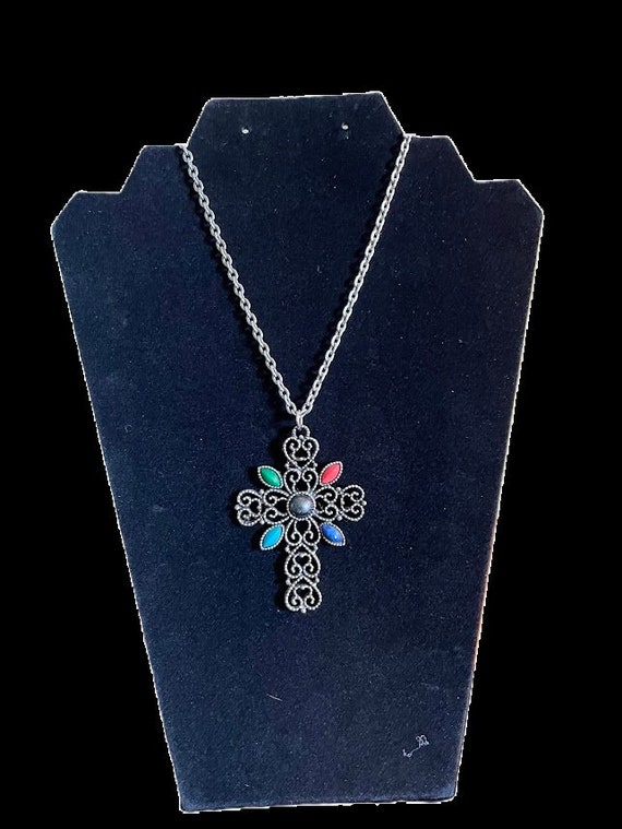 1970s Avon Cross with Color Stones Necklace