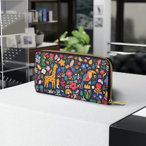 Trendy creative beautiful illustration with toucan, giraffe and flowers. Vector colorful illustration with tropical flowers, Zipper Wallet