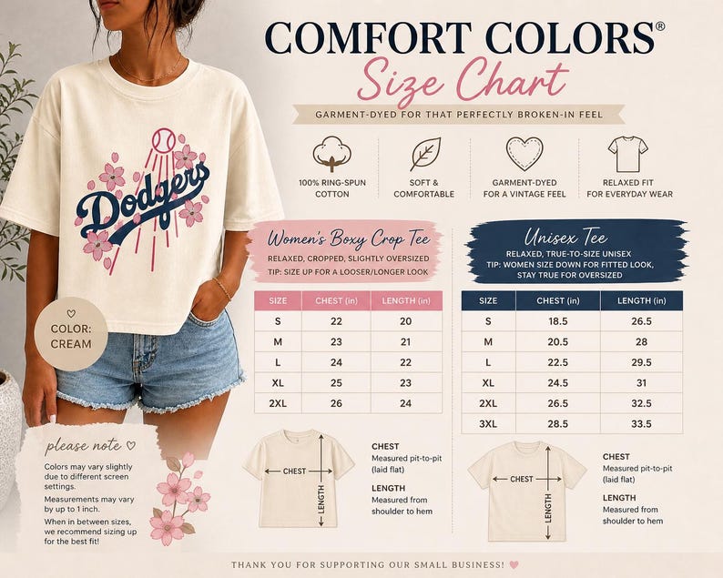 May include: Cream-colored t-shirt with a Dodgers baseball team graphic and floral accents. The image includes a size chart for both women's boxy crop tees and unisex tees, with chest and length measurements in inches. The shirt is made of 100% ring-spun cotton.