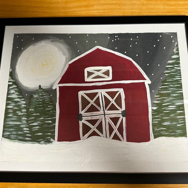 Winter Barn Under the Moonlight Framed Canvas Art