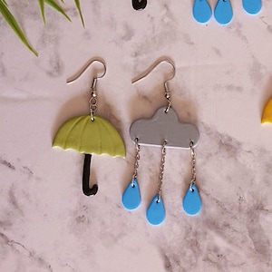 Mismatch Umbrella Rain Cloud earrings, Handmade Spring Earrings, Weather Earrings, Whimsical Earrings, Statement earrings