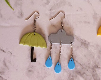 Mismatch Umbrella Rain Cloud earrings, Handmade Spring Earrings, Weather Earrings, Whimsical Earrings, Statement earrings