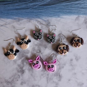Cute Farm Animal Dangle Earrings, Handmade Animal Earrings, Animal Lover Earrings, Cow Earrings, Pig Earrings, Dog Earrings, Cat Earrings