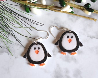 Christmas Penguin Earrings - Red Scarf & Santa Hat Dangle Earrings With Snowflakes