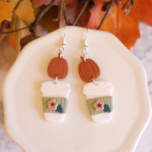 Pumpkin Flower Latte Earrings, Coffee Cup Earrings, Fall Clay Earrings, Handmade Fall Jewelry, Coffee Earrings