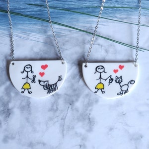Unique Hand Painted Necklace, Stick Figure Necklace, Pet Love Necklace, Handmade Necklace, Cute Cat Necklace, Cute Dog Necklace