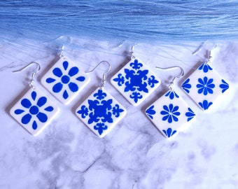 Mediterranean Tile Earrings, Blue and White Statement Earrings, Hand Painted Clay Earrings, Summer Jewelry