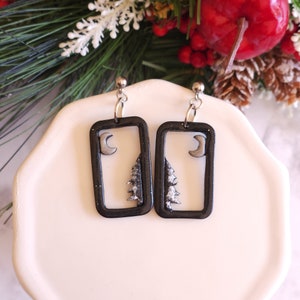 Magical Winter Night Earrings, Handmade Clay Christmas Earrings, Holiday Jewelry, Snowy Evening Earrings