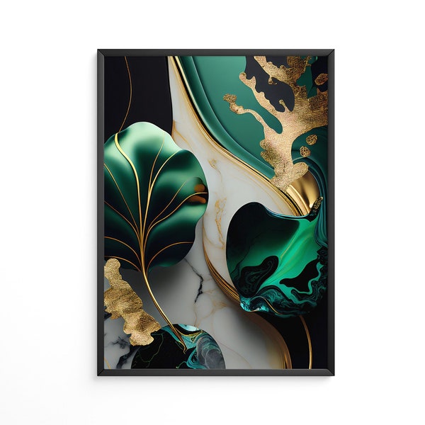 Emerald Green & Gold Fluid Ink Print Set | Living Room Wall Posters | Glam Wall Print