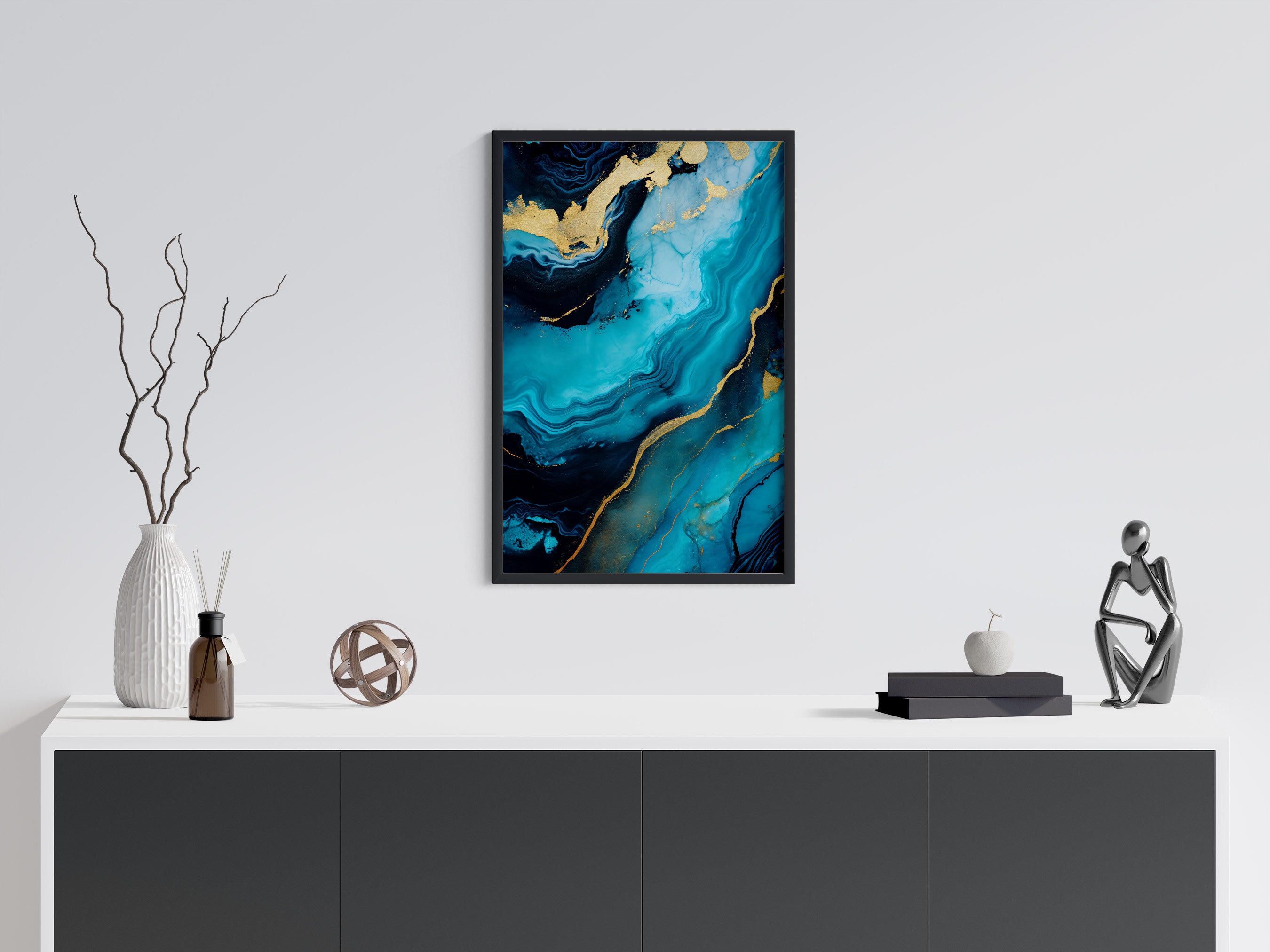 Leinwandbild „Dream Land“ – Abstrakte Blumen In Türkis & Gold, 61x61 Cm, Fertig Zum Aufhängen