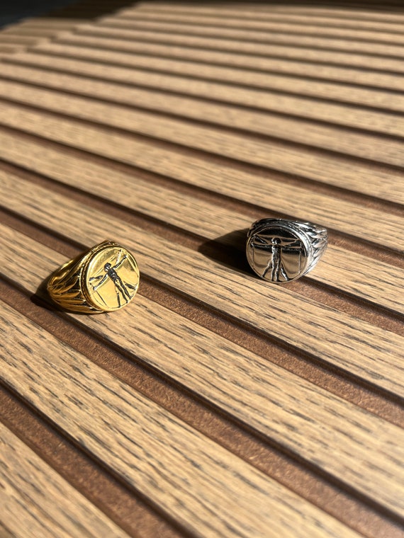 Da Vinci Vitruvian Ring 18k Gold & 316L Stainless Steel Silver Hypoallergenic, Water Heat + Sweat resistant. Renaissance Art Mens Jewellery