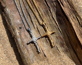 Rose Cross 18K Gold & Silver Stainless Steel Waterproof Tarnish free Jewellery, Cross with Rose Necklace Pendant on Curb chain, Gift for Him