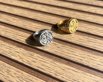 Medallion Ring 18k Gold & 316L Stainless Steel Silver Hypoallergenic, Water Heat + Sweat resistant. Renaissance Art Chunky Mens Jewellery