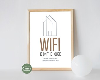 Wifi is in huis! Wachtwoordbord, afdrukbaar, bord logeerkamer, bewerkbare sjabloon, WiFi-netwerkbord, 8 x 10, 4 x 6, 5 x 7
