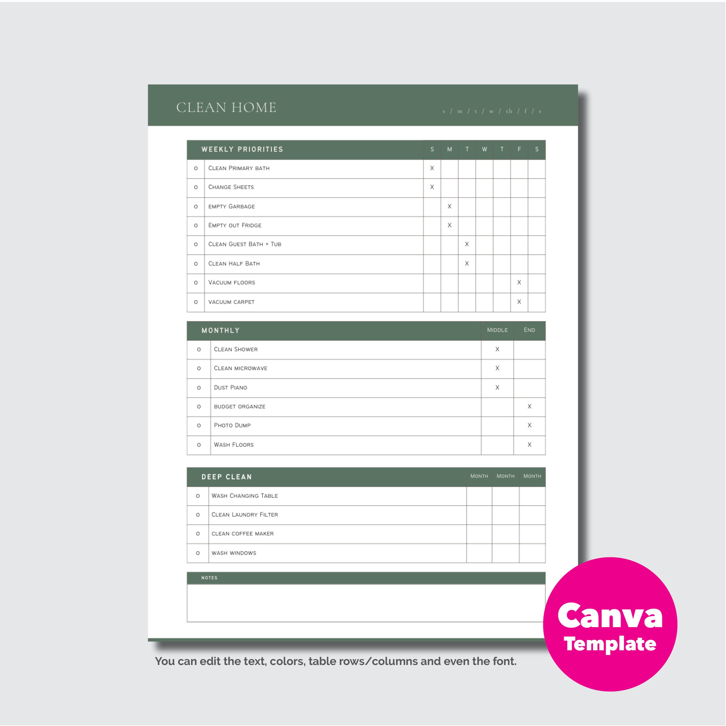 Clean Home Checklist | Editable Cleaning Schedule (canva Template) - Etsy