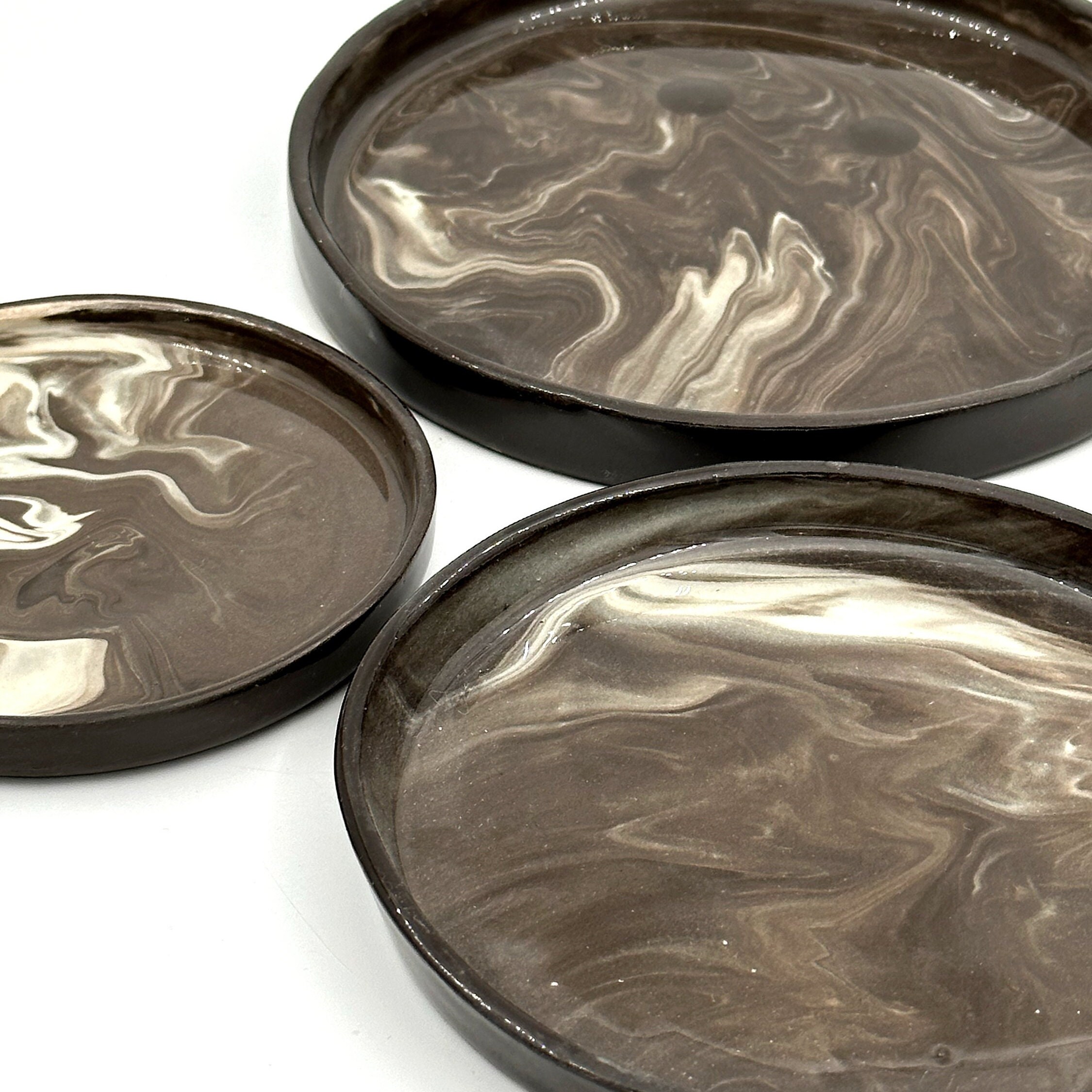 3 Pc Stoneware Serving Plate Set With Black and White Accents, Modern