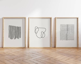 black and white prints | abstract line art | set of 3 prints | minimalist wall art | digital download