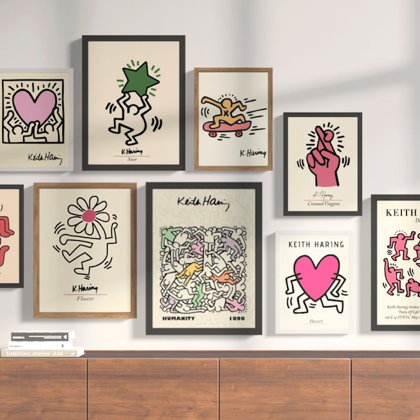 Keith Haring set of 9 Gallery Wall Set, Exhibition Poster,Keith Haring Poster Set,Museum Poster, Printable Wall Art,