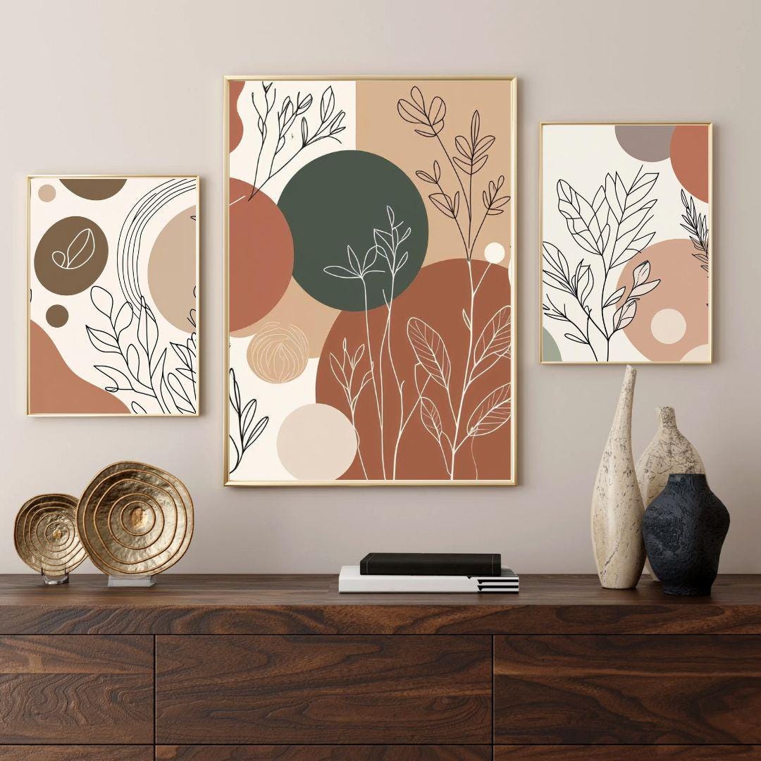 Set of 3 Boho Minimalist Botanical Wall Art Prints | Neutral Abstract ...