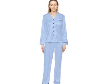 Blue Women's Satin Matching Pajama Set, Personalization Optional