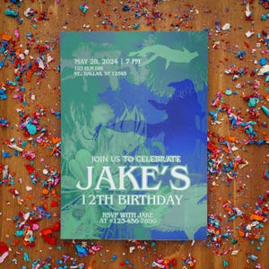 May include: A blue and green birthday party invitation with the text "MAY 28, 2024 | 7 PM", "123 ELM DRI", "ST., DALLAS, ST 12345", "JOIN US TO CELEBRATE", "JAKE'S", "12TH BIRTHDAY", "RSVP WITH JAKE", "AT +123-456-7890".