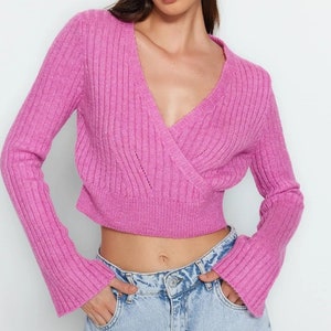 Handmade Crop Wrap Sweater, Cozy Pink Cross Over Blouse, Handknit in Multiple Colors Handcrafted Crop Top Gift For Her Women Fashion