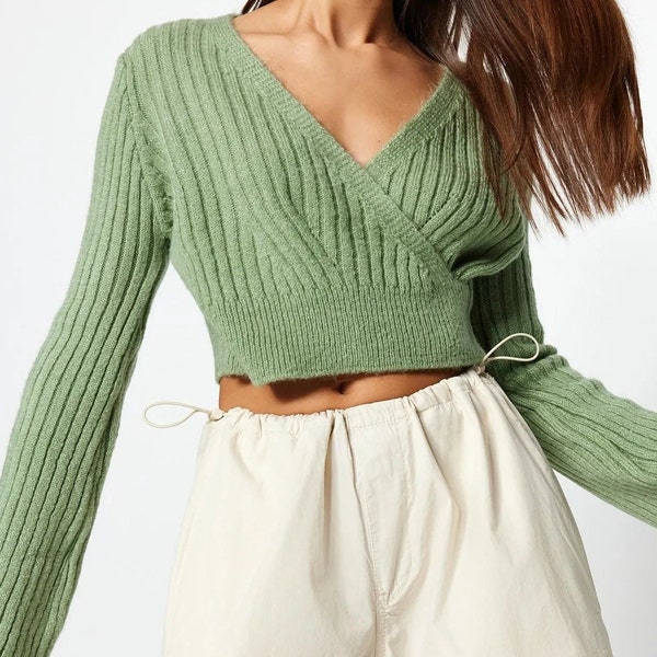 Handmade Crop Wrap Sweater, Cozy Cotton Green Cross Over Blouse, Handknit in Multiple Colors Handcrafted Crop Top Gift For Her Women Fashion