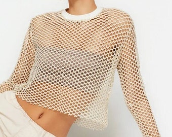 Sheer Elegance: White Long Sleeve Transparent Loose T-Shirt, Ultra-Feminine Mesh Fishnet Crop Top, Gift For Her, Grunge Rave Festivalwear