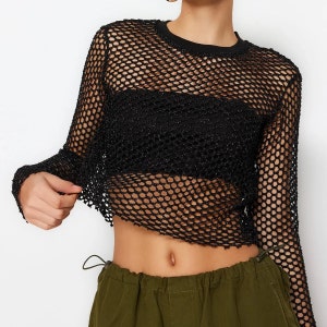 Sheer Elegance: Black Long Sleeve Transparent Loose T-Shirt, Ultra-Feminine Mesh Fishnet Crop Top, Gift For Her, Grunge Rave Festivalwear
