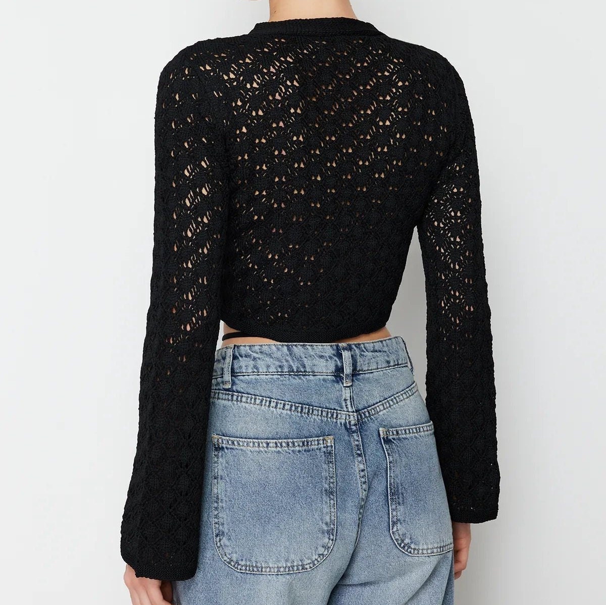 Crop Wrap Sweater, Handmade Lace Black Cross Over Blouse, Handknit in ...
