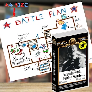 May include: An A4 size paper featuring a hand-drawn floor plan labeled BATTLE PLAN with colorful illustrations of traps, alongside a black and white VHS case for the film Angels with Filthy Souls, which includes a yellow sticker showing $39.95.