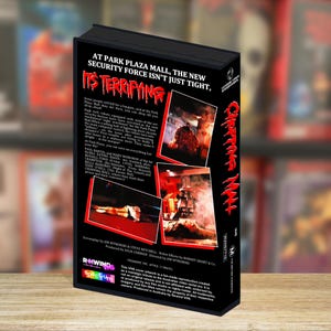 May include: A black VHS tape case for the film Chopping Mall, featuring red text that reads It's Terrifying and Chopping Mall. The back cover includes a synopsis, cast list, and two small rectangular images showing scenes from the horror movie.
