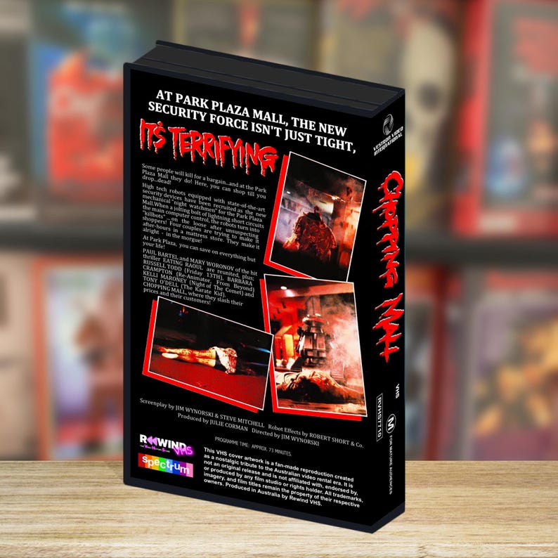 May include: A black VHS tape case for the film Chopping Mall, featuring red text that reads It's Terrifying and Chopping Mall. The back cover includes a synopsis, cast list, and two small rectangular images showing scenes from the horror movie.