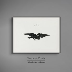 Printable Vintage Raven Drawing | Antique 1800s Ex Libris Crow Wall Art | Trapeze Prints Shop | Black White Morbid Download Digital | 132