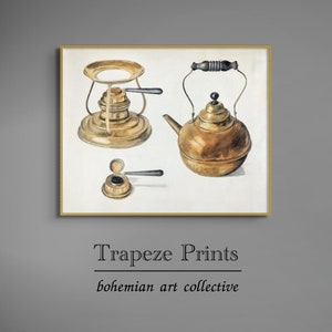 May include: A watercolor painting of three vintage brass kitchen items: a kettle, a stovetop burner, and a small lidded container. The items are painted in shades of gold and brown against a white background.