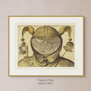 May include: A vintage illustration of a jester wearing a hat with a world map inside. The jester is holding a staff with a globe on top. The image is in shades of brown and beige.