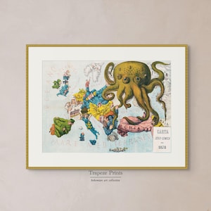 May include: A vintage political cartoon depicting Europe as an octopus with tentacles reaching out to different countries. The octopus is labeled "Russia" and the countries are labeled with their names. The cartoon is titled "Carta Serio-Comica" and dated 1878.